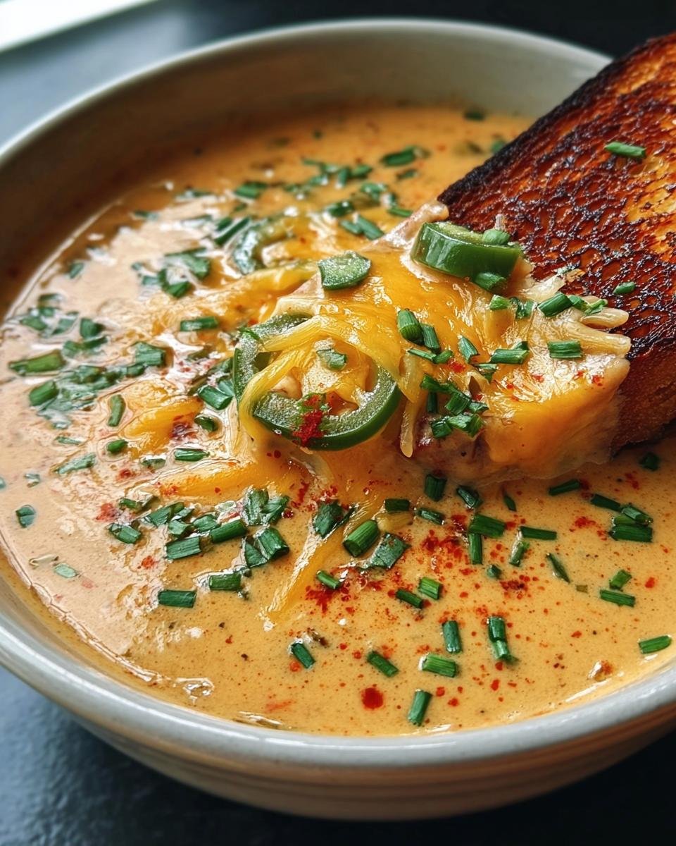 A bowl of creamy Spicy Jalapeño Popper Soup topped with cheese, jalapeños, chives, and a grilled cheese crouton.
