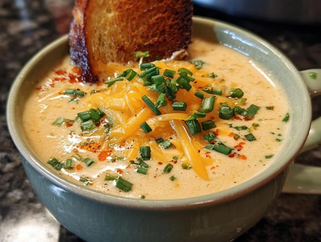 Close-up of Spicy Jalapeño Popper Soup in a mug, topped with cheese, chives, and a piece of toasted bread.