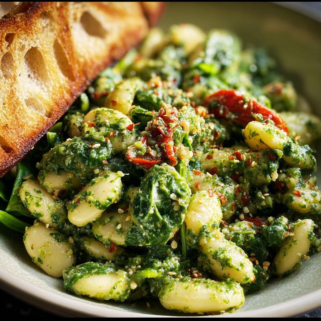 Close-up of Spinach Pesto Butter Bean dish with a side of crusty bread, topped with seasonings.