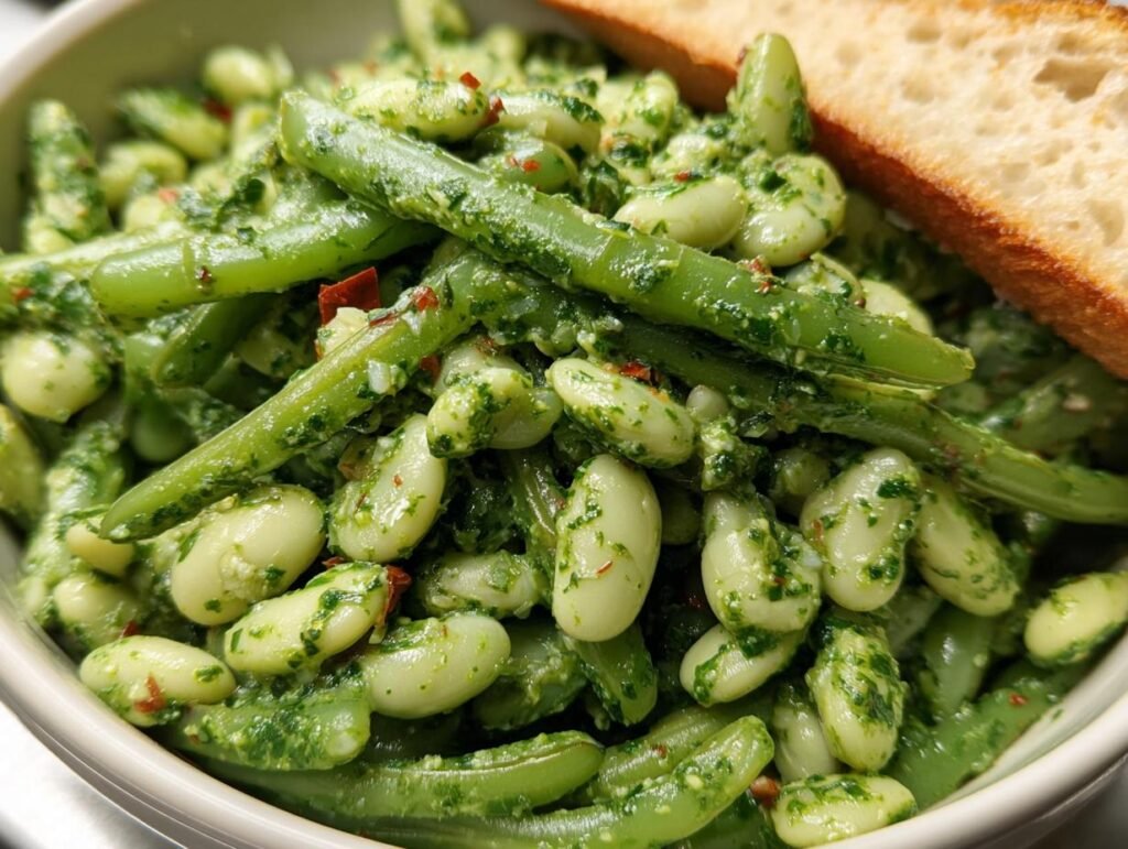Close-up of Spinach Pesto Butter Bean dish with green beans and a slice of bread, showcasing the vibrant green pesto.