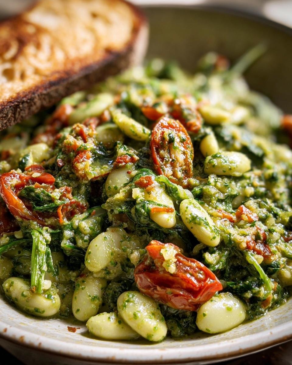 Close-up of Spinach Pesto Butter Bean dish with sun-dried tomatoes and a slice of toasted bread.