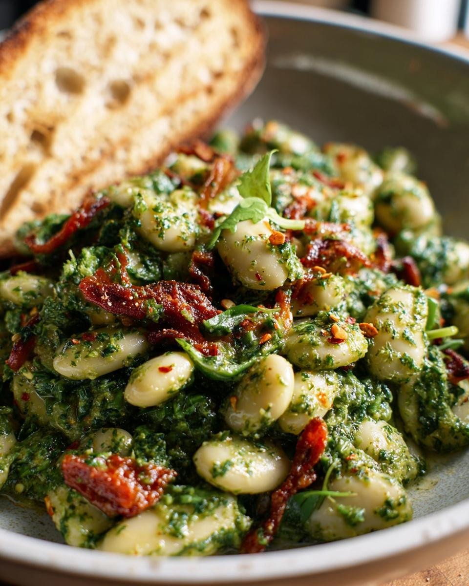 Close-up of Spinach Pesto Butter Bean dish with sun-dried tomatoes and a slice of toasted bread.