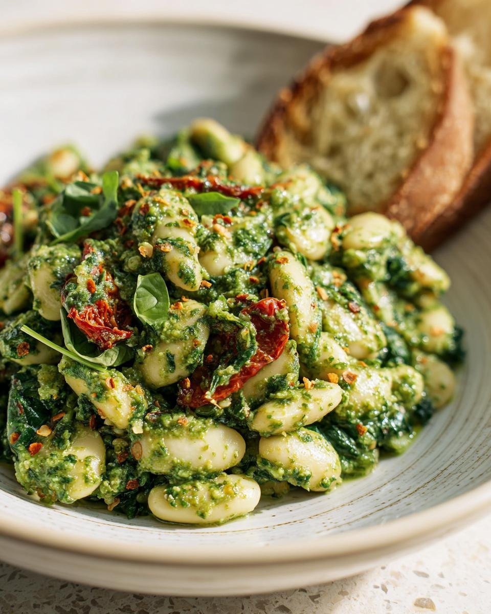 Close-up of Spinach Pesto Butter Bean dish in a bowl with slices of bread on the side. Garnished with basil and red pepper flakes.