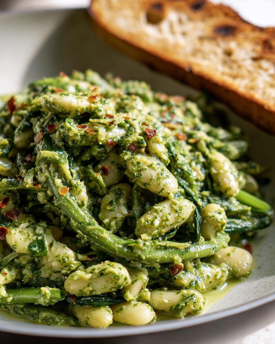 A plate of Spinach Pesto Butter Bean dish served with a slice of toasted bread. Garnished with red pepper flakes.