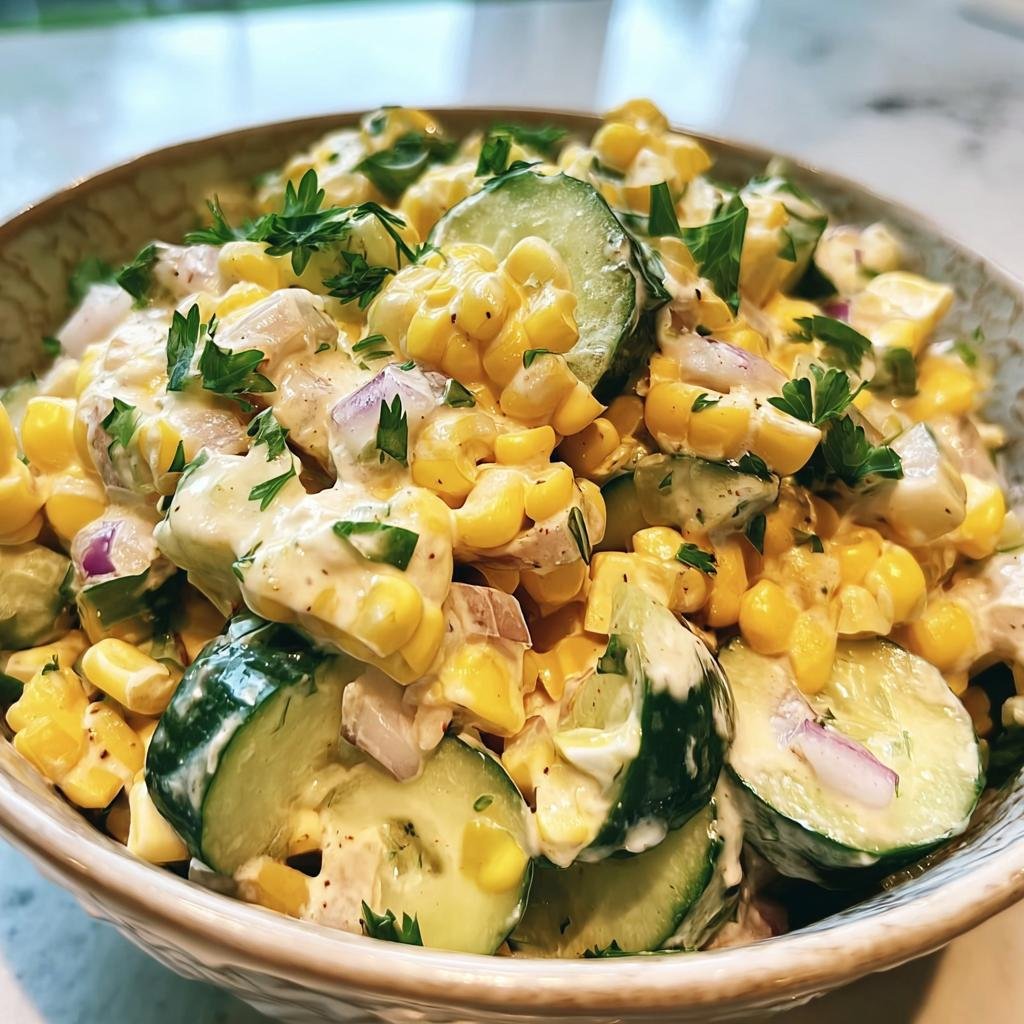Bowl of Street Corn Cucumber Salad with corn, cucumbers, red onion, herbs, and creamy dressing.