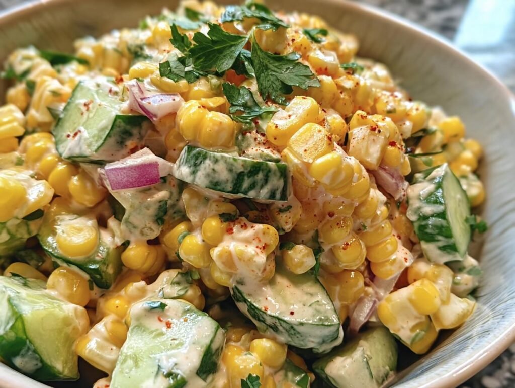 Close-up of Street Corn Cucumber Salad in a bowl, featuring corn, cucumber, red onion, and creamy dressing.