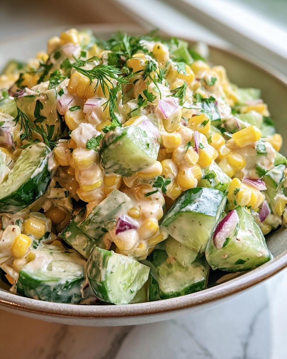 Close-up of a bowl of Street Corn Cucumber Salad with corn, cucumbers, red onion, and creamy dressing.