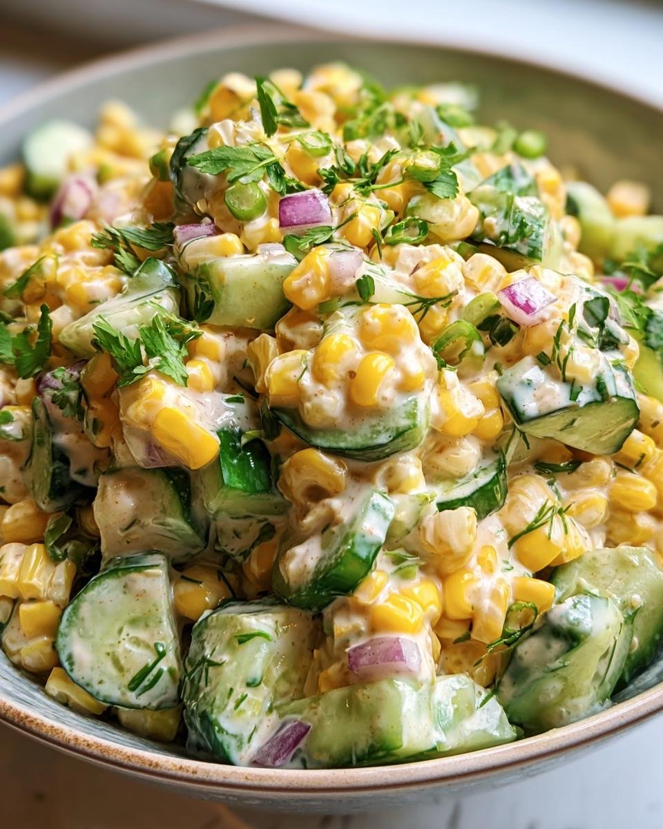Close-up of a vibrant Street Corn Cucumber Salad in a bowl, featuring corn, cucumbers, red onion, and creamy dressing.