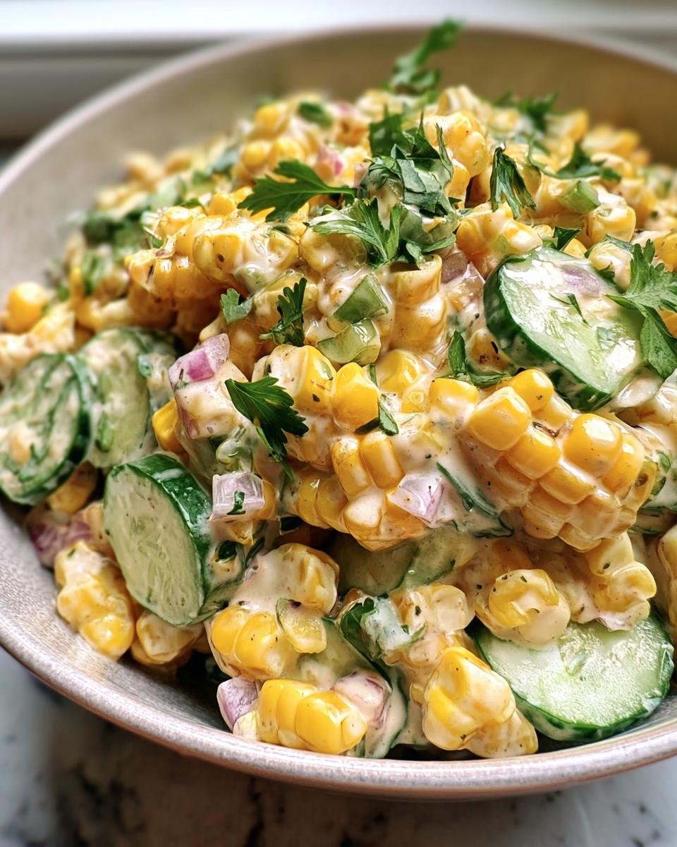 Close-up of a bowl of Street Corn Cucumber Salad with corn on the cob, cucumbers, and creamy dressing.
