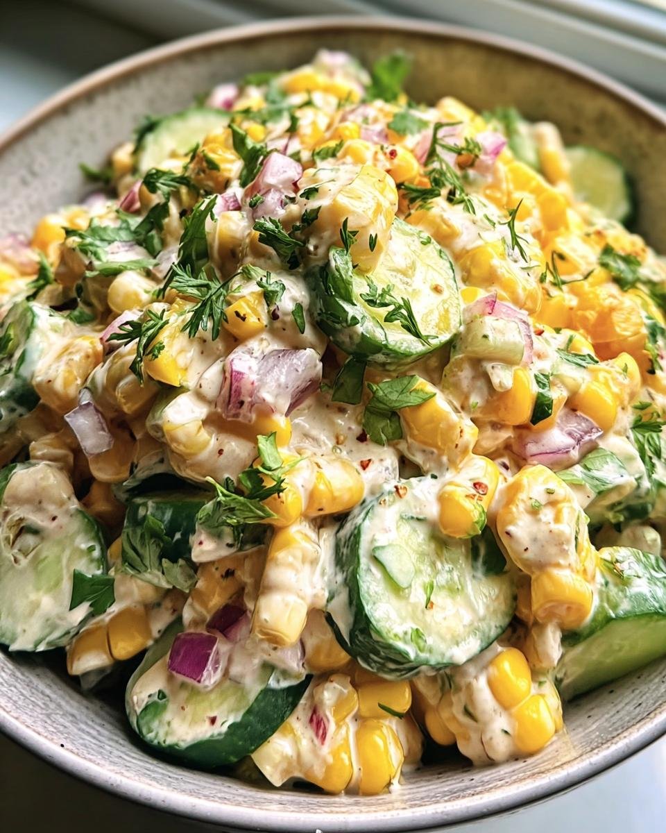 A vibrant bowl of Street Corn Cucumber Salad with corn, cucumber, red onion, and creamy dressing.