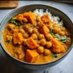 A delicious bowl of Sweet Potato and Chickpea Curry with rice and fresh cilantro.