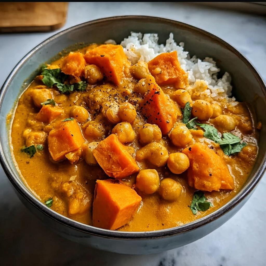 A delicious bowl of Sweet Potato and Chickpea Curry with rice and fresh cilantro.
