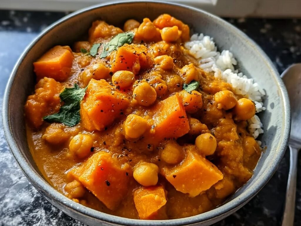 A bowl of Sweet Potato and Chickpea Curry served with white rice, garnished with fresh herbs.
