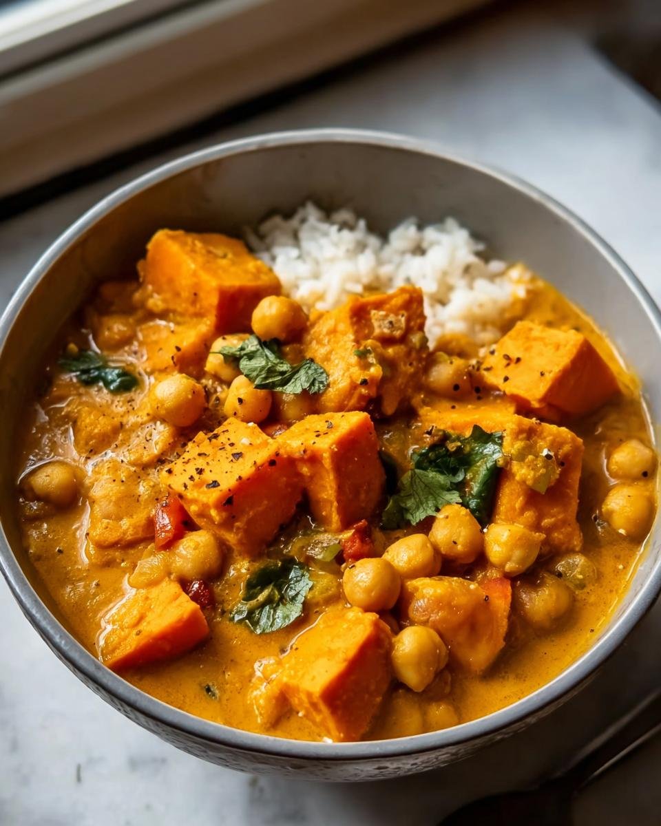 A bowl of Sweet Potato and Chickpea Curry served with rice and garnished with cilantro.