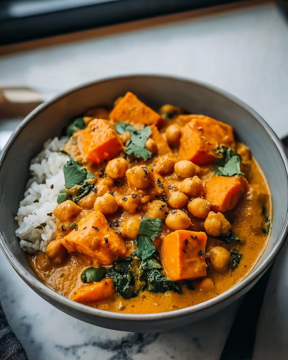 A bowl of Sweet Potato and Chickpea Curry served over rice, garnished with cilantro.