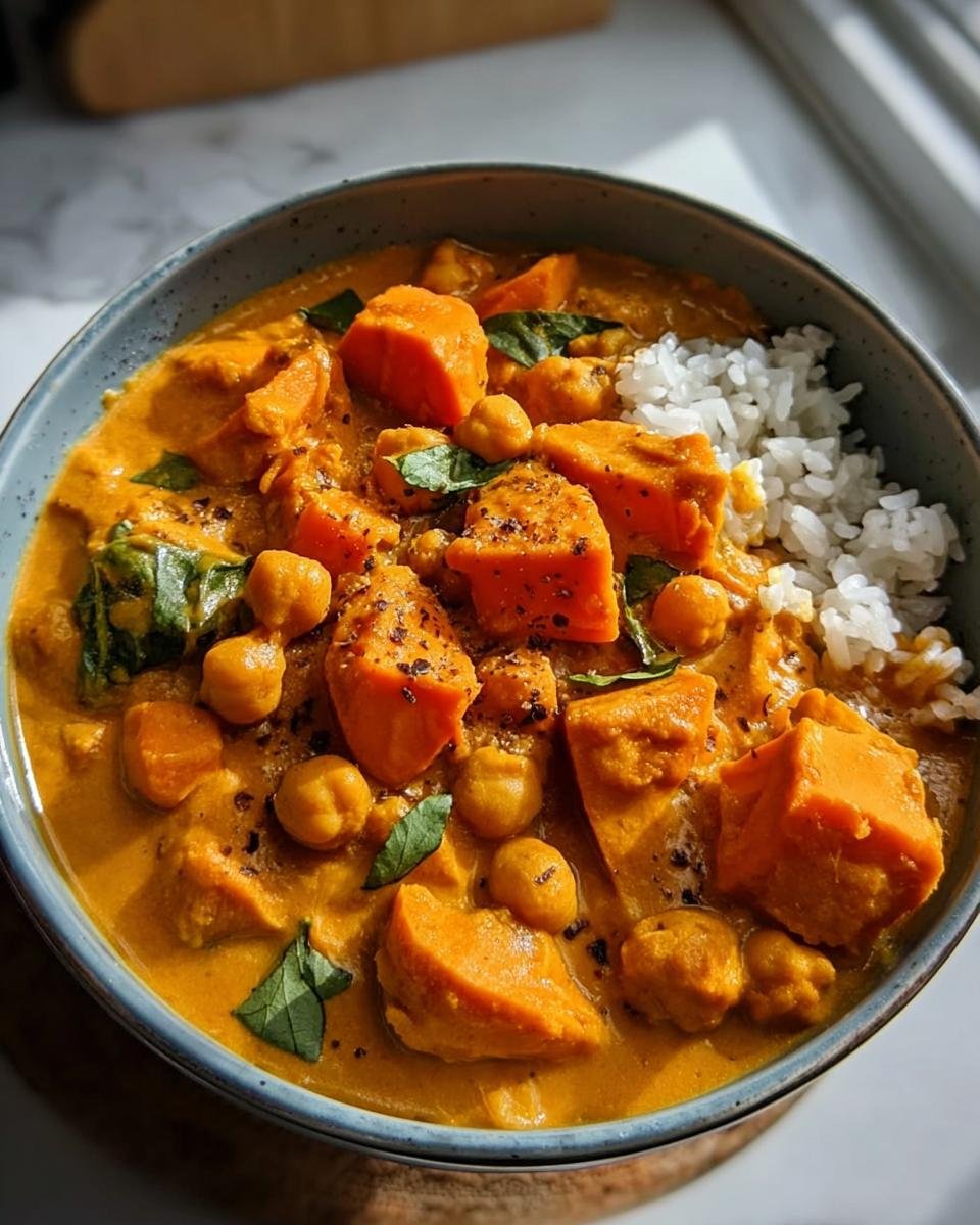A bowl of Sweet Potato and Chickpea Curry served with rice, garnished with fresh herbs.