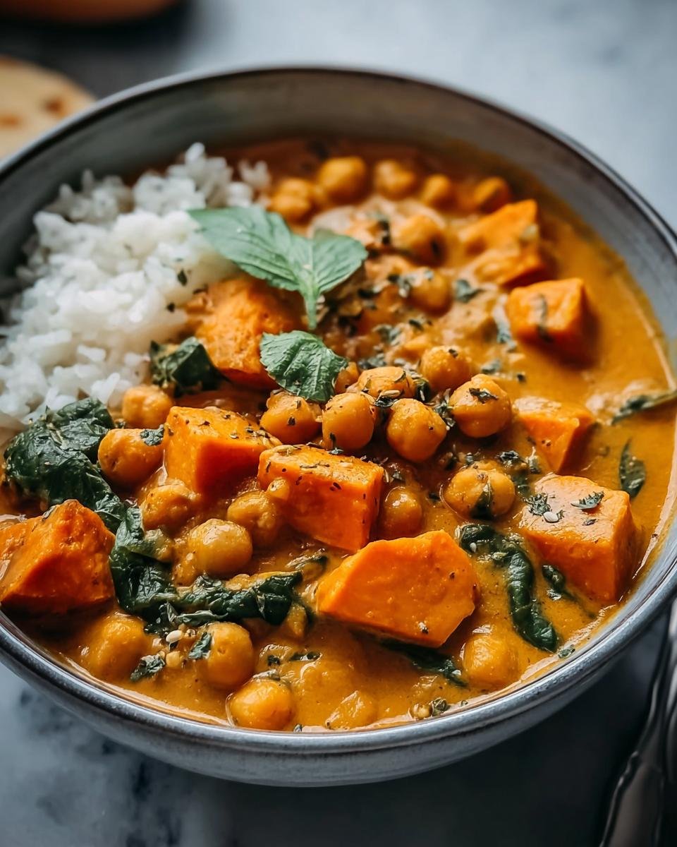 A bowl of Sweet Potato and Chickpea Curry with rice and spinach, garnished with fresh herbs.