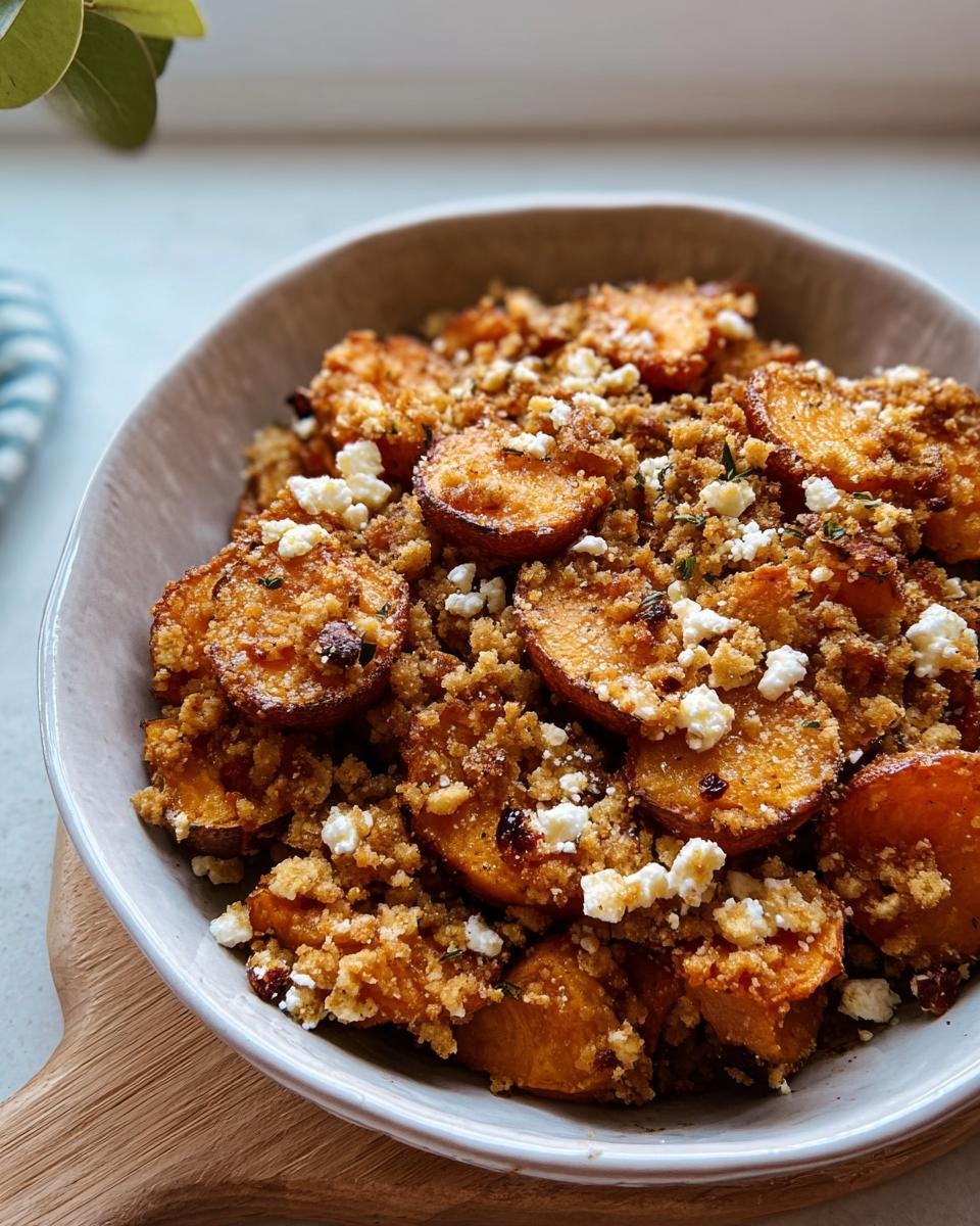 Bowl of Sweet Potato & Feta Crumble, featuring roasted sweet potato slices topped with feta cheese and a golden crumble.