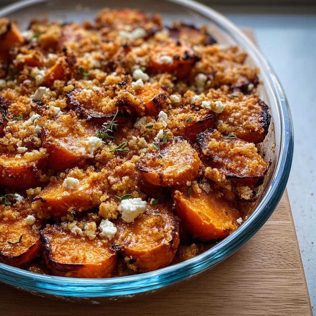 Close-up of a Sweet Potato & Feta Crumble in a glass baking dish, topped with golden crumble and fresh herbs.
