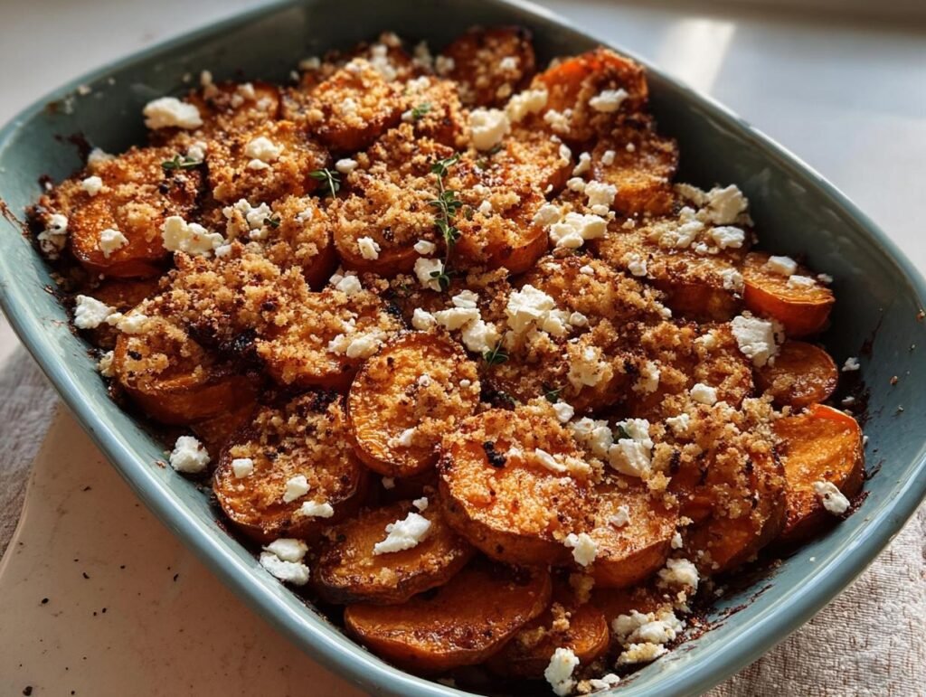 Overhead shot of a Sweet Potato & Feta Crumble in a blue baking dish, topped with feta cheese and crumble.