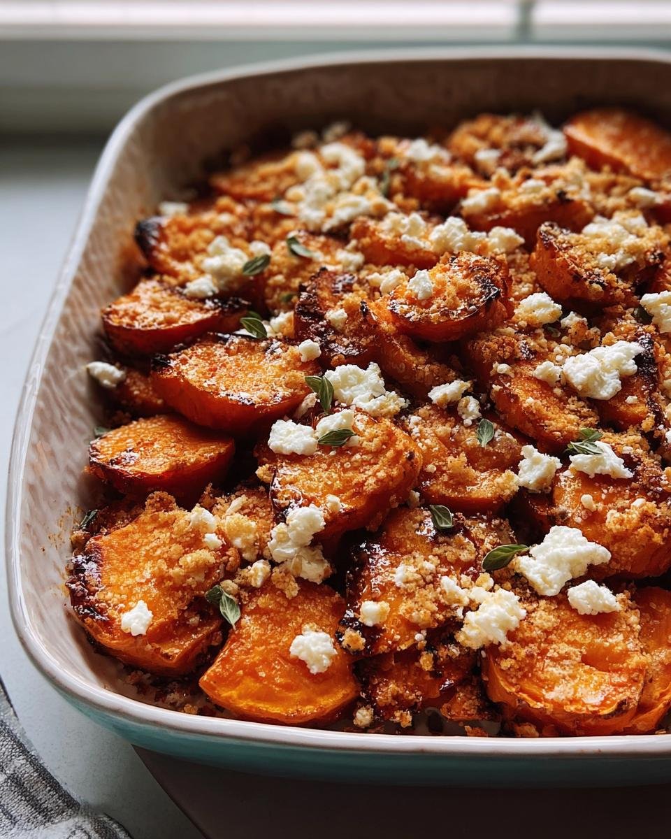 Close-up of a Sweet Potato & Feta Crumble in a baking dish, topped with feta cheese and herbs.