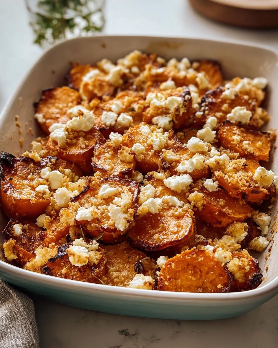 Delicious Sweet Potato & Feta Crumble in a baking dish, topped with crumbled feta and a golden crumble.