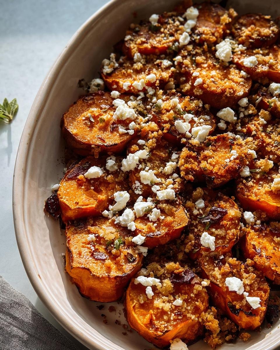 Close-up of Sweet Potato & Feta Crumble in a baking dish, topped with feta cheese and a golden crumble.