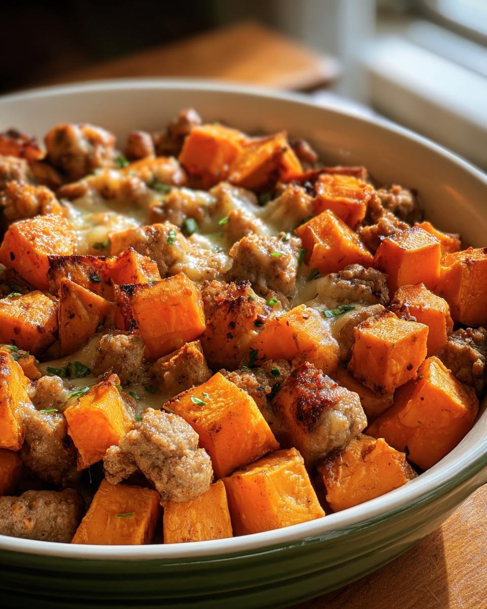 Close-up of a Sweet Potato and Ground Turkey bake in a dish, featuring cubed sweet potatoes and ground turkey.