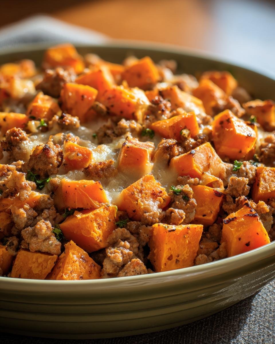 Close-up of a Sweet Potato and Ground Turkey bake in a green dish, topped with melted cheese and herbs.