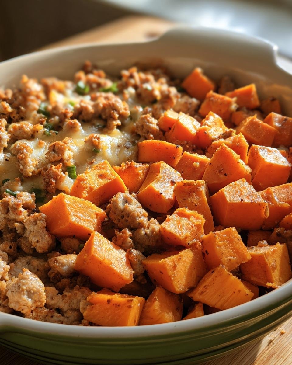 Close-up of Sweet Potato and Ground Turkey casserole in a baking dish, showing the sweet potatoes and ground turkey.