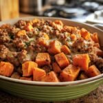 A delicious Sweet Potato and Ground Turkey casserole in a green dish, showcasing the vibrant colors and textures.