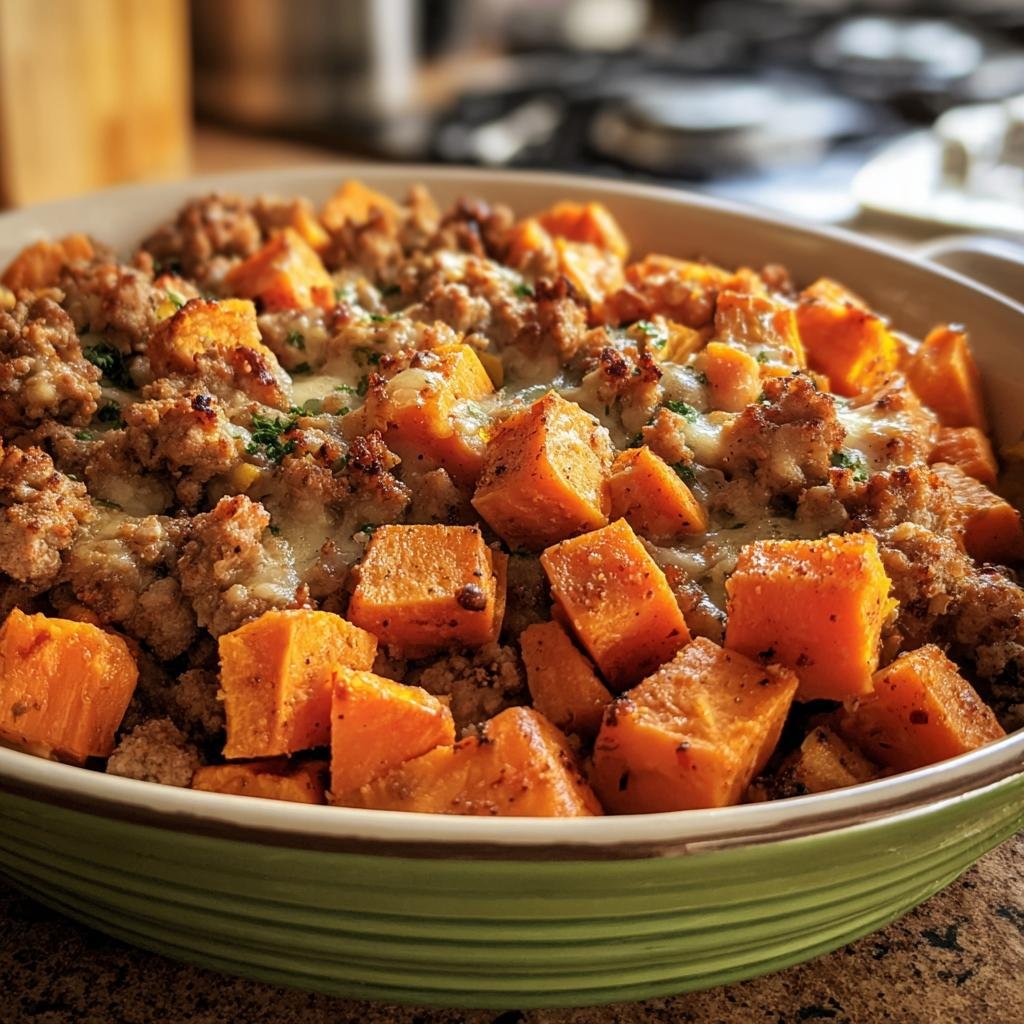 A delicious Sweet Potato and Ground Turkey casserole in a green dish, showcasing the vibrant colors and textures.