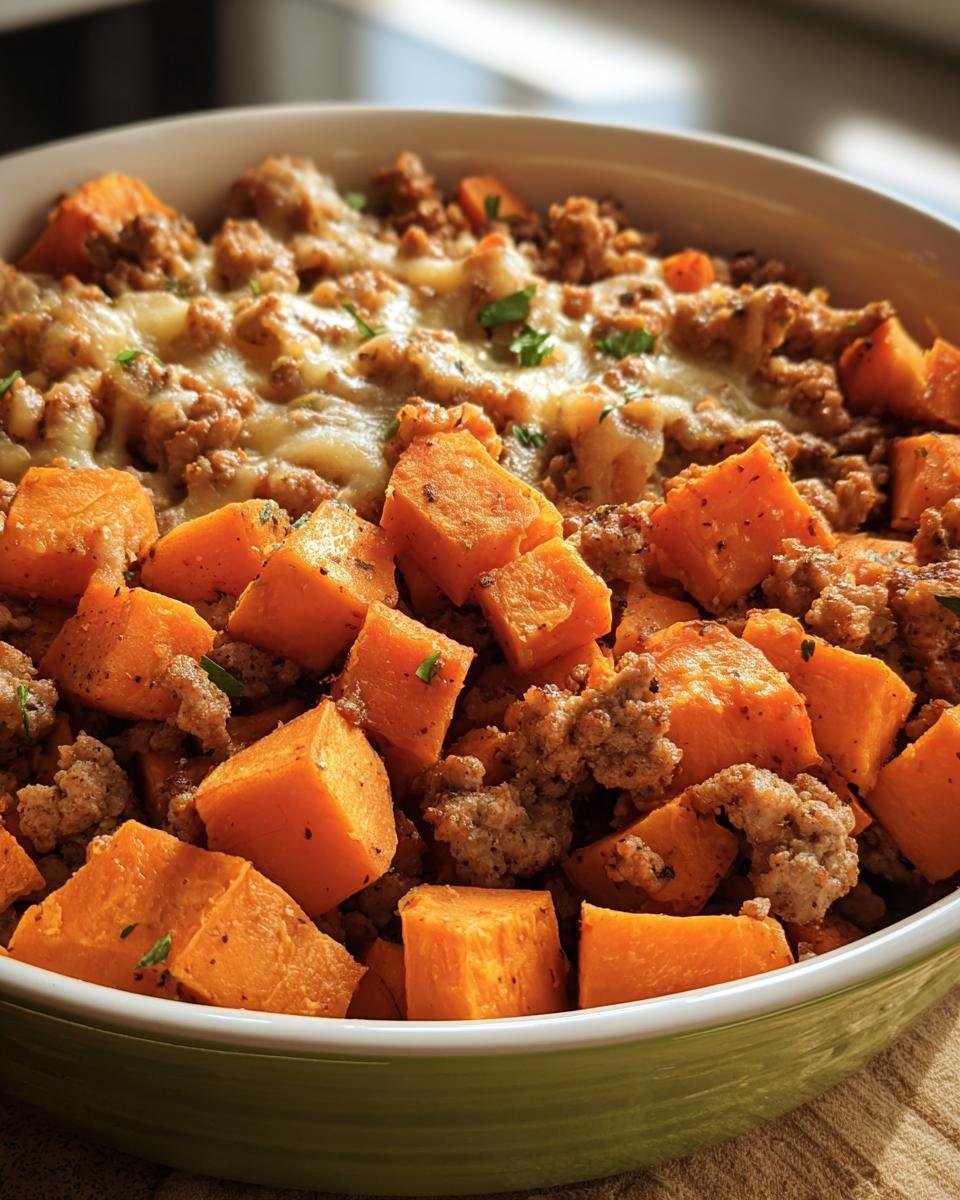 Close-up of a Sweet Potato and Ground Turkey dish, featuring cubed sweet potatoes and ground turkey with melted cheese.
