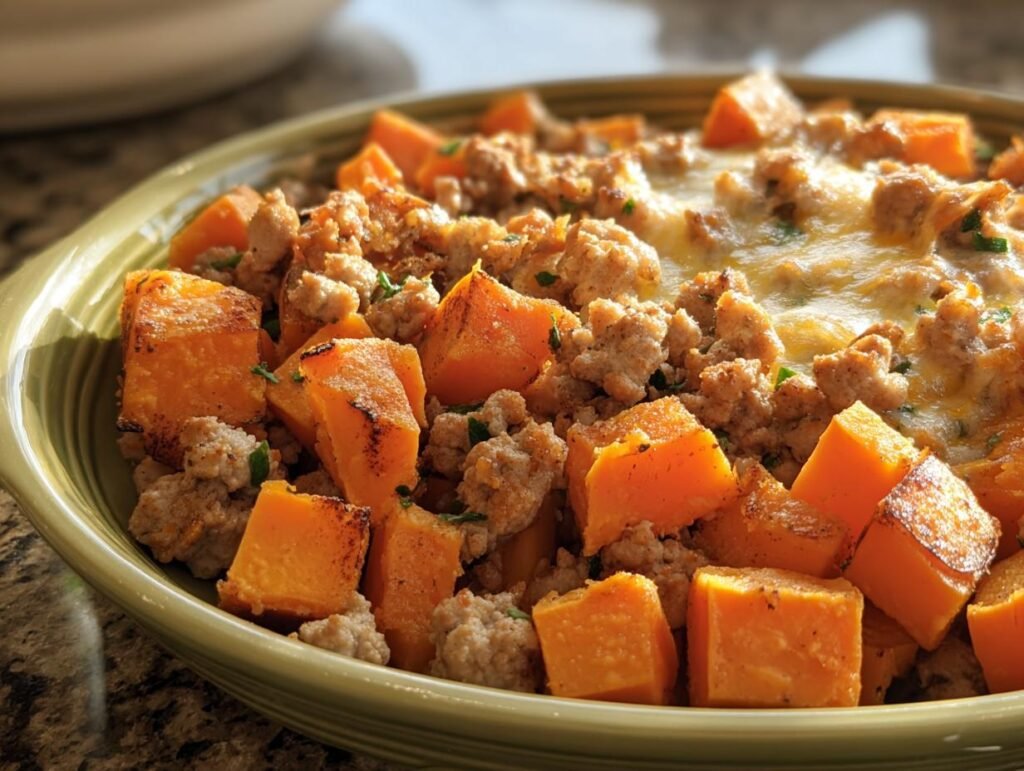 Close-up of a Sweet Potato and Ground Turkey dish, featuring cubed sweet potatoes and ground turkey.