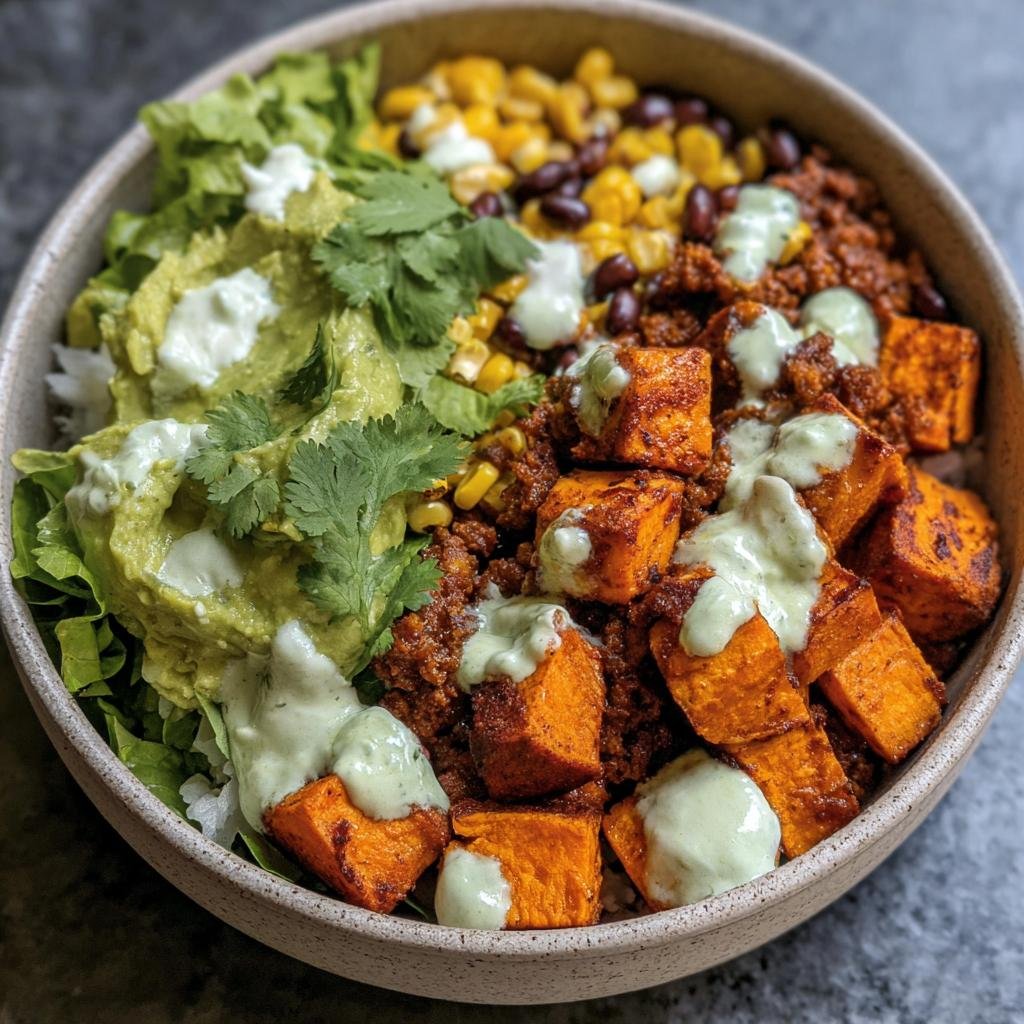 Overhead shot of a Sweet Potato Taco Bowl with sweet potatoes, corn, beans, guacamole, and lettuce.