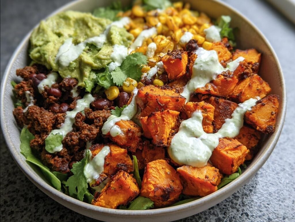 Overhead shot of a Sweet Potato Taco Bowl with sweet potatoes, corn, beans, guacamole, and a creamy sauce.