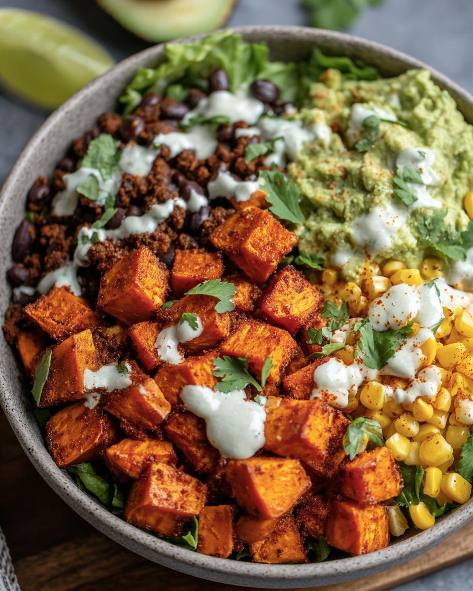 Overhead view of a Sweet Potato Taco Bowl with sweet potatoes, black beans, corn, guacamole, and a creamy sauce.