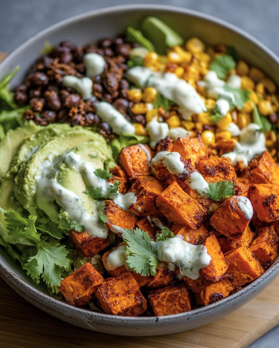 Overhead view of a Sweet Potato Taco Bowl with roasted sweet potatoes, black beans, corn, avocado, and cilantro-lime dressing.