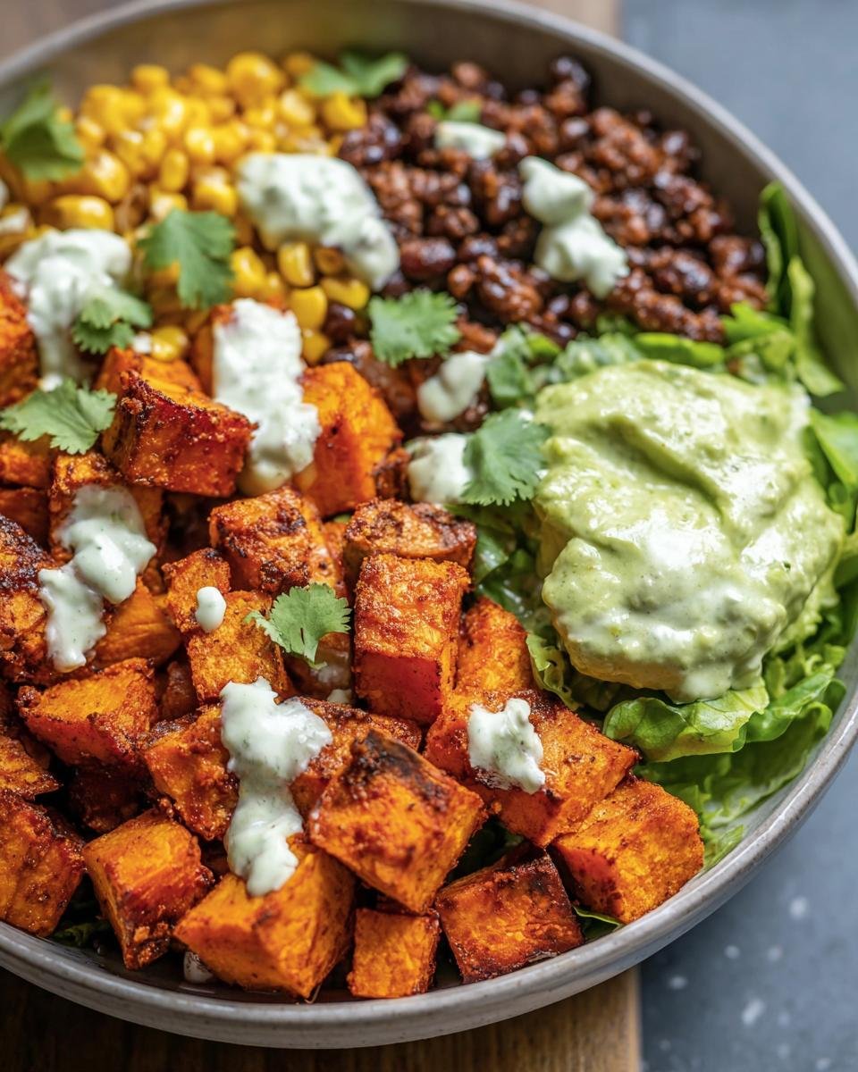 A vibrant Sweet Potato Taco Bowl with roasted sweet potatoes, corn, black beans, guacamole, and a creamy sauce.