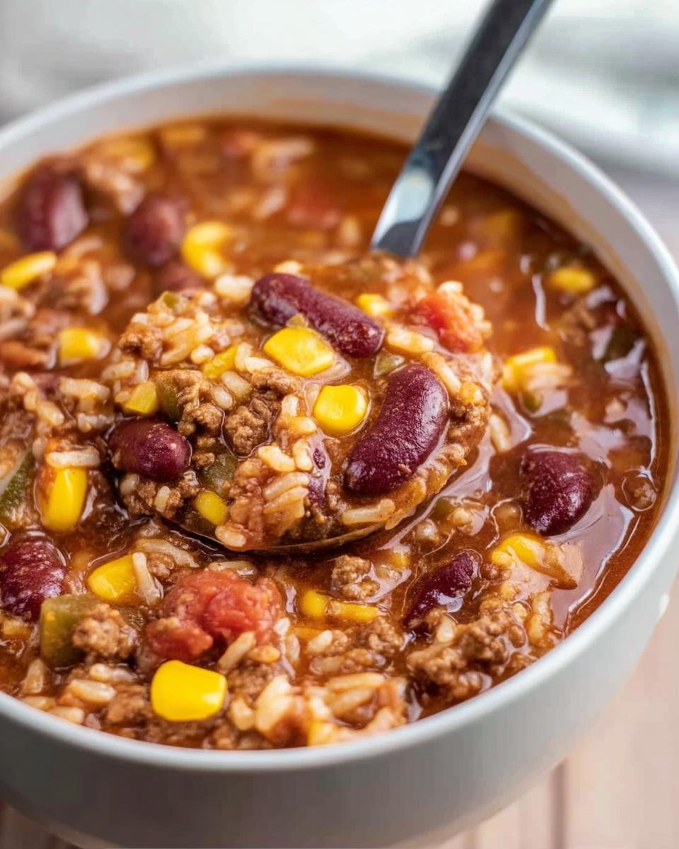 Close-up of Taco Rice Soup in a bowl, featuring ground beef, rice, beans, corn, and tomatoes.