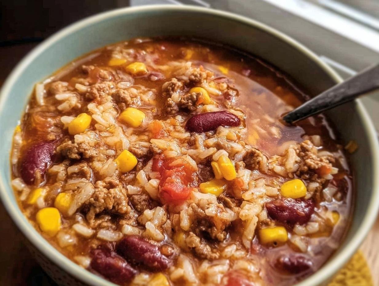 Close-up of a bowl of Taco Rice Soup, filled with ground beef, rice, beans, corn, and tomatoes.