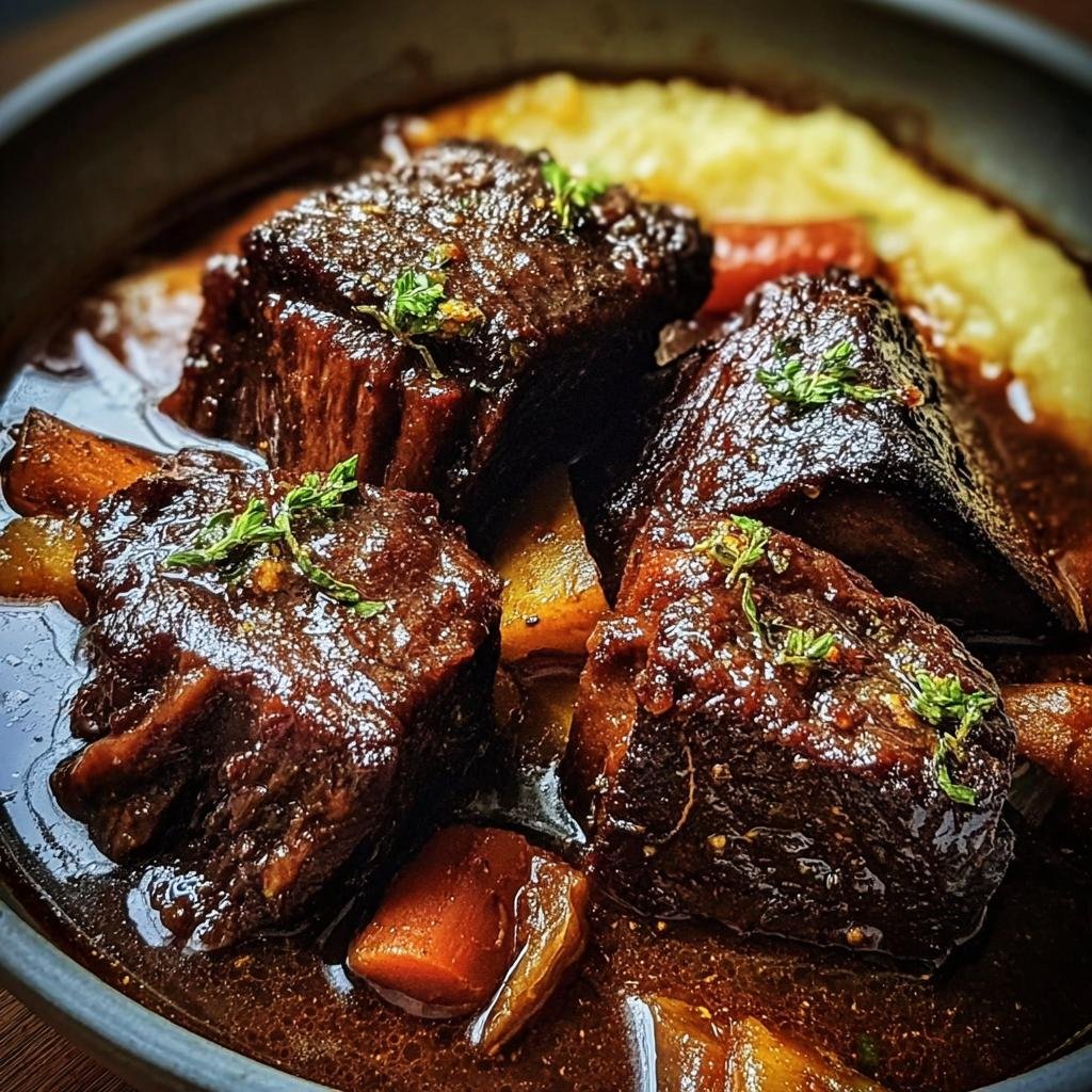 Close-up of tender braised short ribs served with carrots, potatoes, and a rich sauce, garnished with fresh herbs.