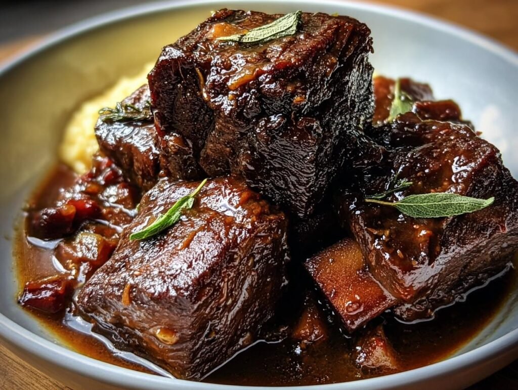 Close-up of Tender Braised Short Ribs in a rich sauce, garnished with herbs, served in a bowl.