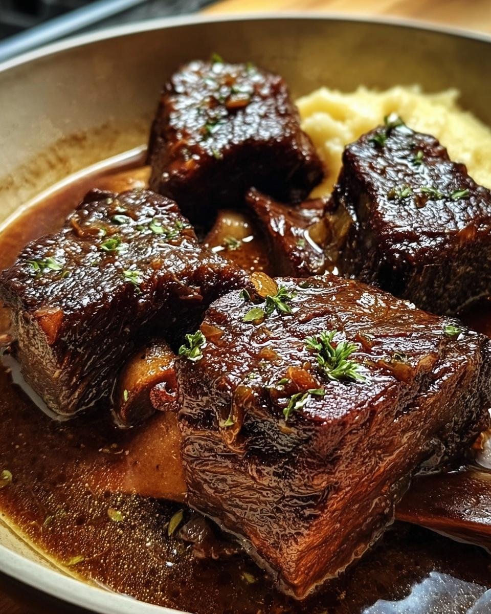 Close-up of tender braised short ribs in rich gravy, garnished with fresh herbs, served with mashed potatoes.