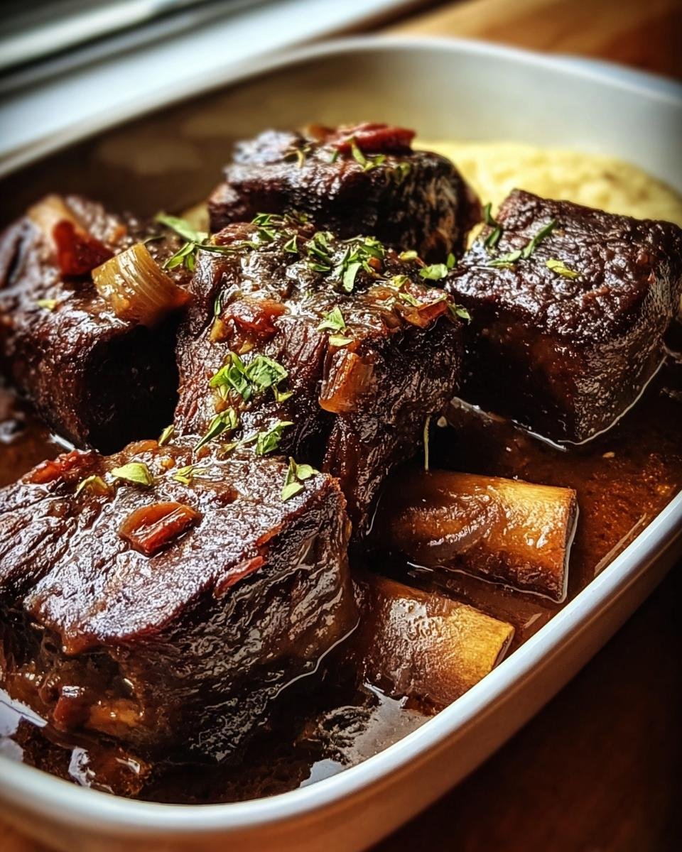 Close-up of tender braised short ribs in a rich sauce, garnished with herbs and served with polenta.