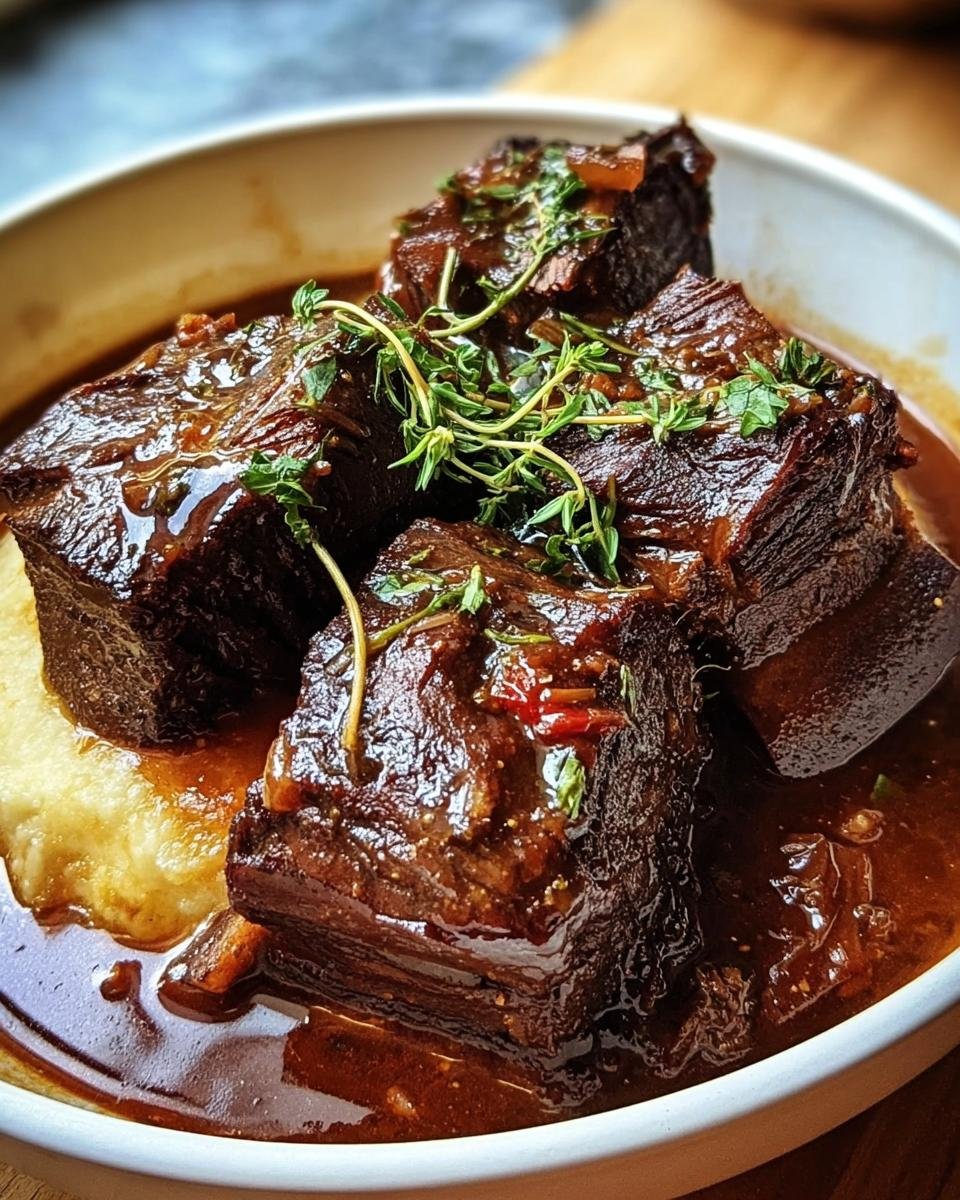Close-up of tender braised short ribs served over polenta, garnished with fresh herbs and rich sauce.
