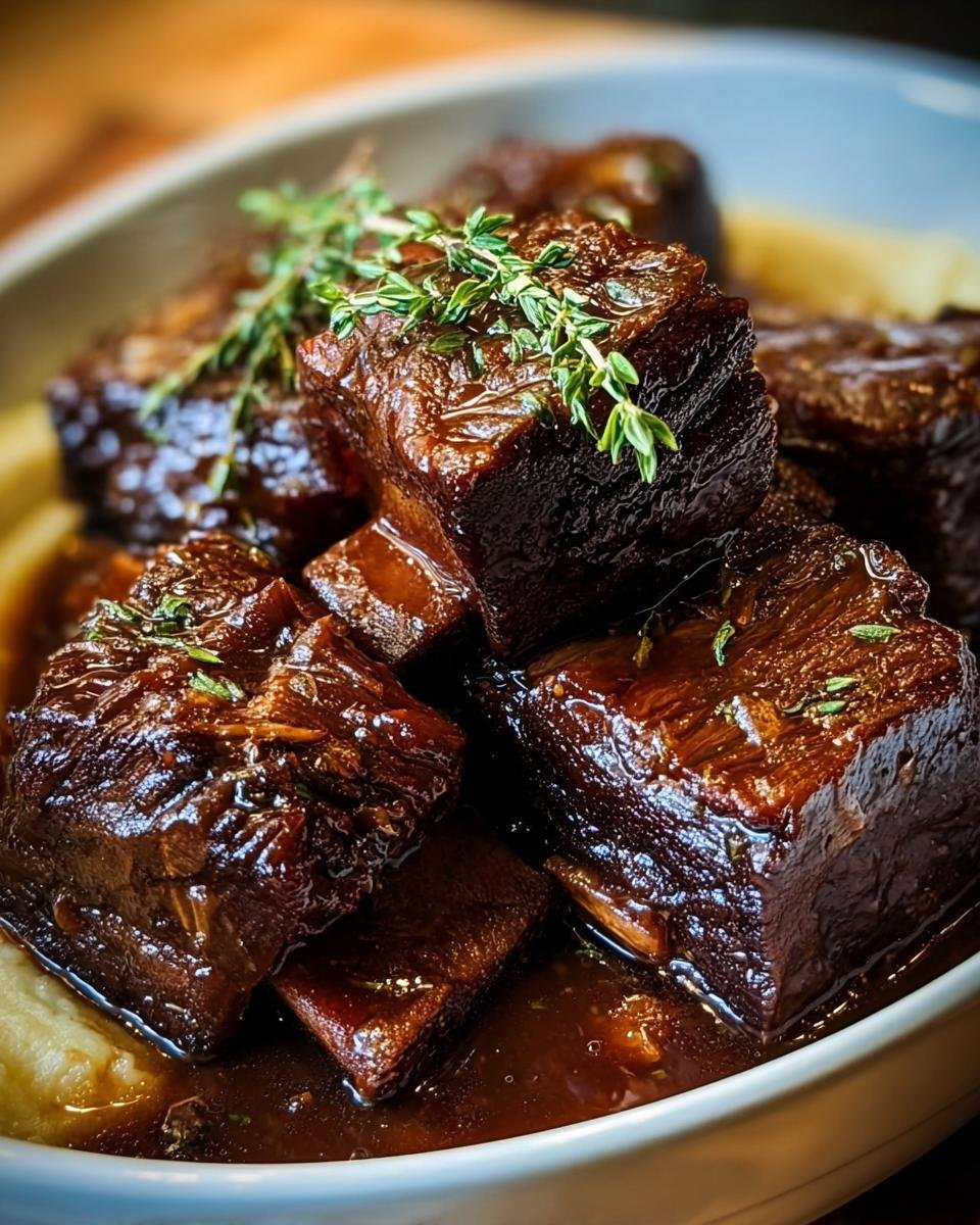 Close-up of tender braised short ribs in a rich sauce, garnished with fresh thyme.