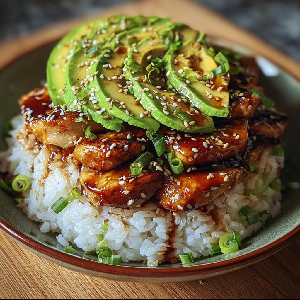 A delicious bowl of Teriyaki Chicken Avocado Rice, topped with sesame seeds and green onions.
