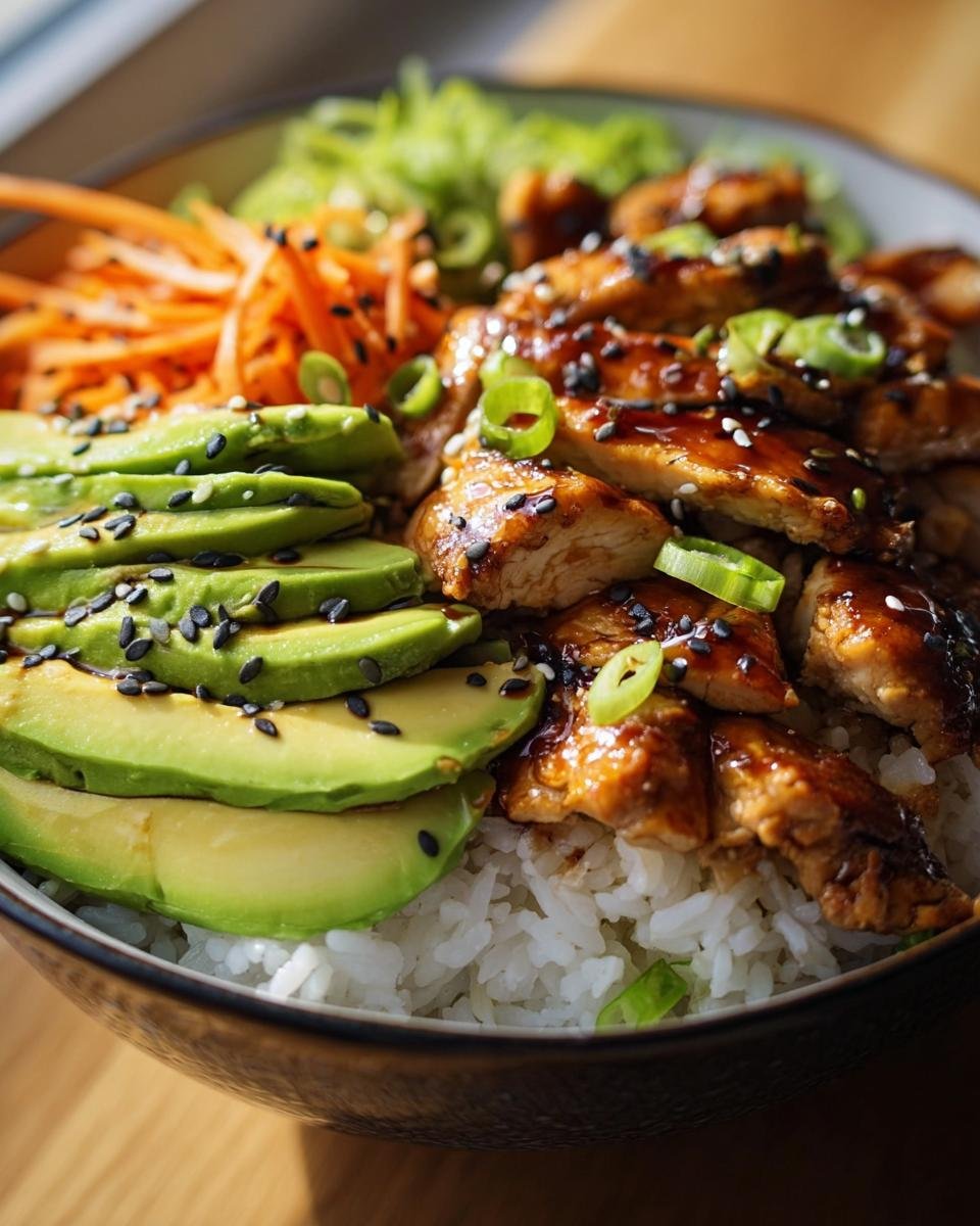 A delicious Teriyaki Chicken Avocado Rice Bowl with rice, chicken, avocado, carrots and green onions.