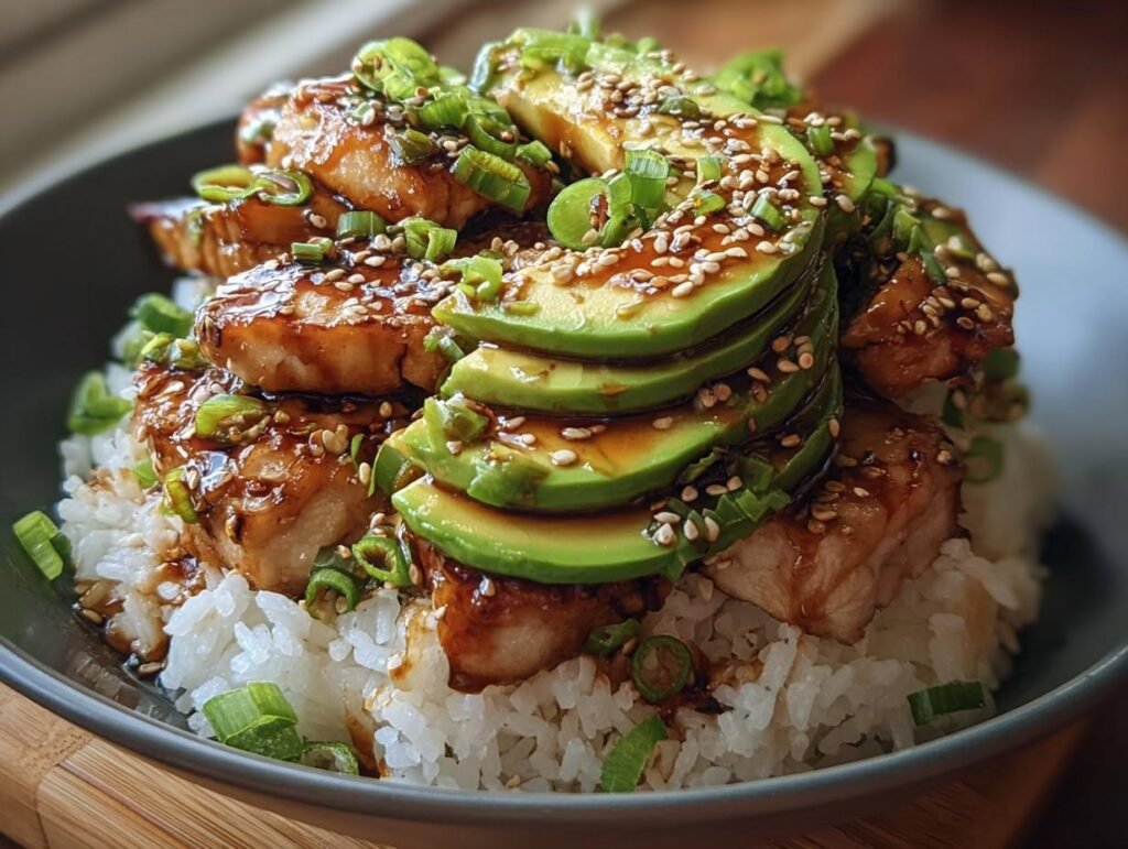 A flavorful bowl of Teriyaki Chicken Avocado Rice, topped with sesame seeds and green onions.